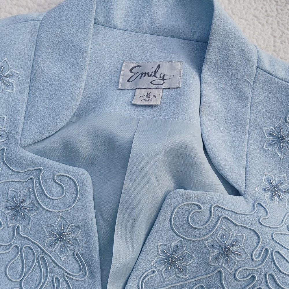 Emily Skirt Suit Set Womens 12 Blue Excellent Embroidered Sequin Vintage Style - Picture 5 of 10